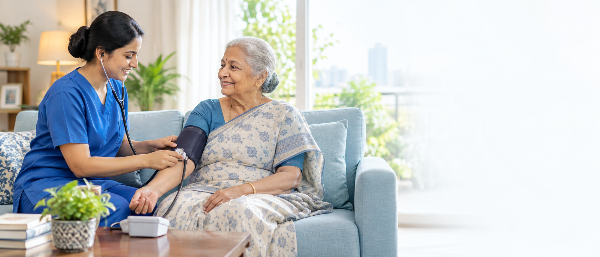 Nurse providing professional home care to an elderly woman